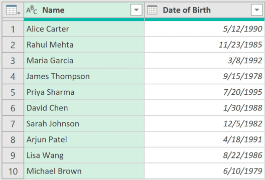 Power Query table with Name and Date of Birth columns listing ten individuals for age calculation