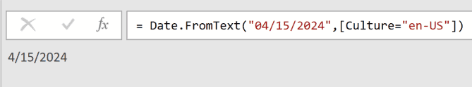 Power Query formula bar showing Date.FromText with US culture settings resulting in the date 4/15/2024