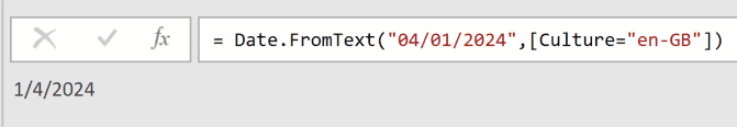 Power Query formula bar showing Date.FromText with en-GB culture, resulting in the date 1/4/2024