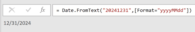 Power Query formula bar showing Date.FromText with yyyyMMdd format, resulting in the date 12/31/2024