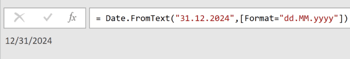 Power Query formula bar showing Date.FromText for 31.12.2024 with dd.MM.yyyy format, resulting in 12/31/2024