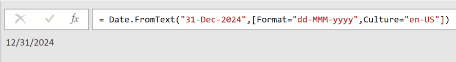 Power Query formula bar showing Date.FromText with format and culture arguments, resulting in 12/31/2024 output
