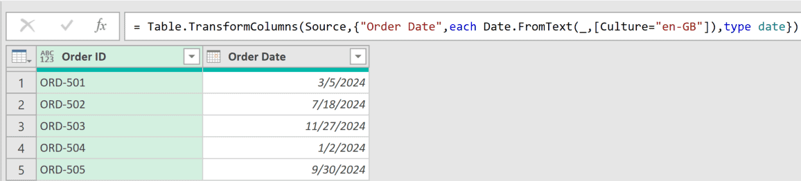Power Query formula bar applying Date.FromText with en-GB culture to an Order Date column in a data table