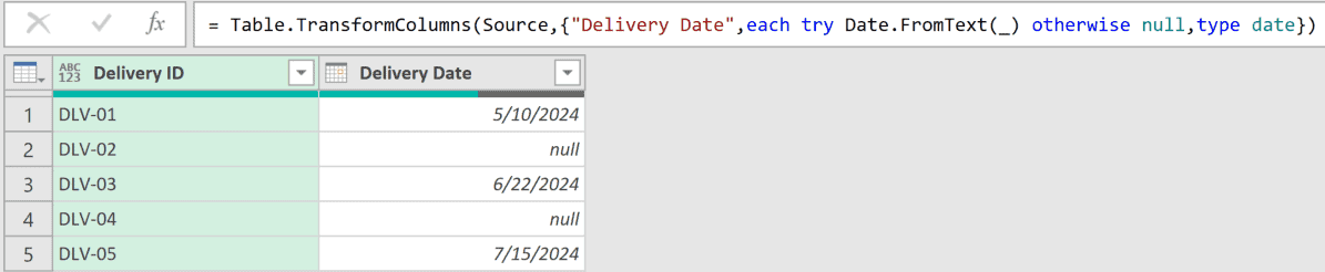 Power Query formula bar using Table.TransformColumns with Date.FromText to convert Delivery Date column to date type