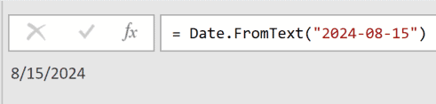 Power Query formula bar showing = Date.FromText("2024-08-15") resulting in the date 8/15/2024