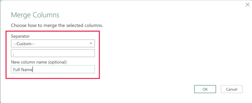 Merge Columns dialog box with Custom separator set to comma and New column name set to Full Name