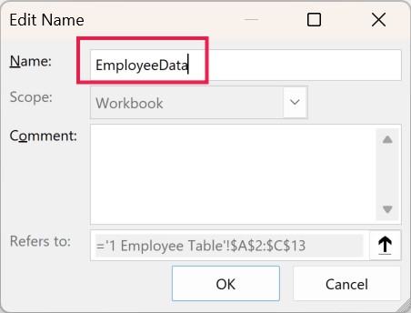 Enter EmployeeData into the Name field in the Edit Name dialog box, which is highlighted with a red border