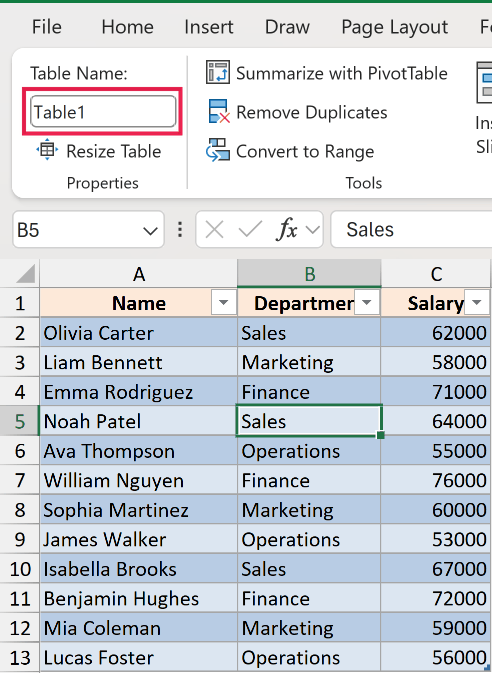 Excel Table Design tab showing the Table Name field highlighted with the default value Table1