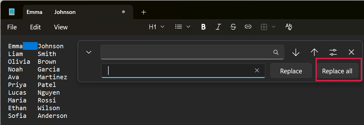 Notepad find and replace dialog with the Replace all button highlighted in a red box