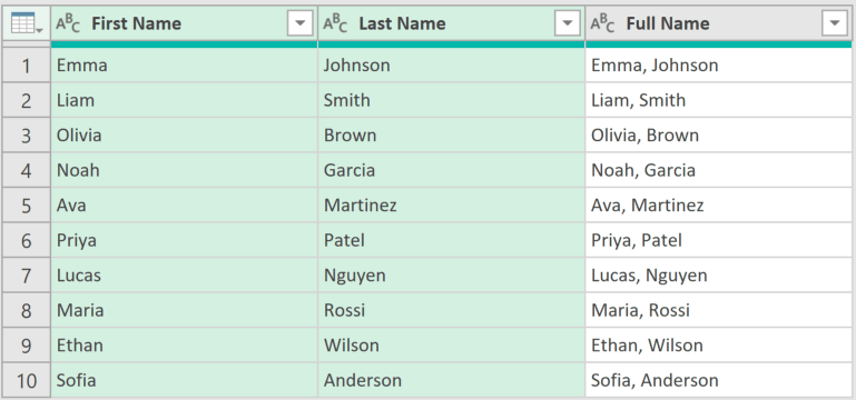 Power Query table showing First Name and Last Name columns with a newly added Full Name column containing combined data