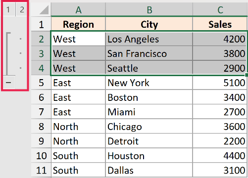 Excel spreadsheet with a red-outlined row grouping bar on the left, highlighting rows 2 through 4 for the West region