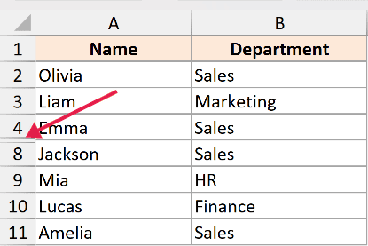 Excel spreadsheet showing rows 5 to 7 hidden between row 4 and row 8, indicated by a red arrow pointing to the gap