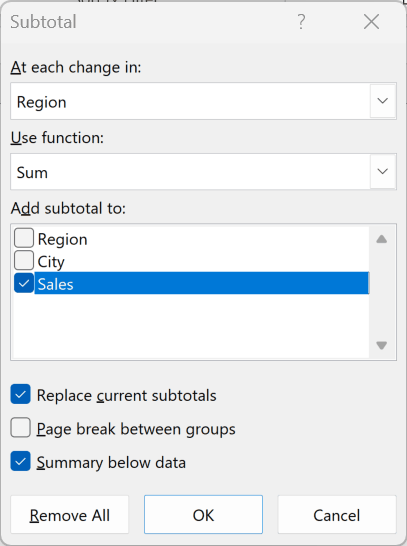Subtotal dialog box with Sales selected in the Add subtotal to list, plus Replace current subtotals and Summary checked