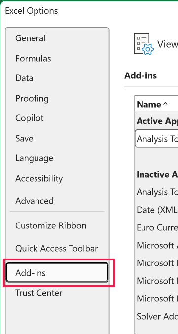 Excel Options dialog box with the Add-ins menu item selected and highlighted by a red border