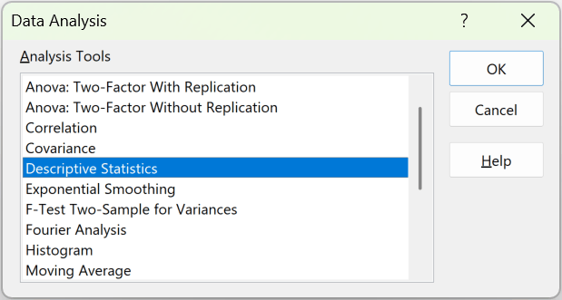 Data Analysis dialog box with Descriptive Statistics highlighted in the Analysis Tools list