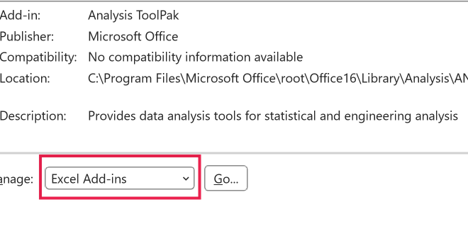Excel Add-ins selected in the Manage drop-down menu with a red border highlight