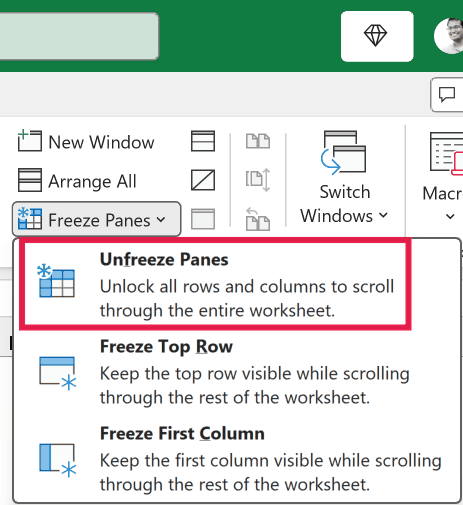 Excel ribbon menu showing the Freeze Panes dropdown with the Unfreeze Panes option highlighted by a red box