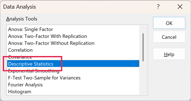 Data Analysis dialog box with Descriptive Statistics highlighted in blue and outlined in red
