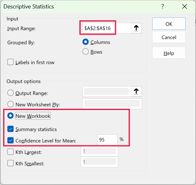 Descriptive Statistics dialog box with Input Range $A$2:$A$16, New Workbook, Summary statistics, and 95% confidence level