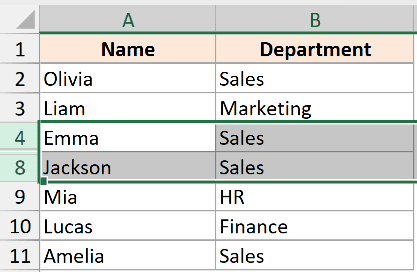 Excel rows 4 and 8 are selected to reveal hidden rows between them