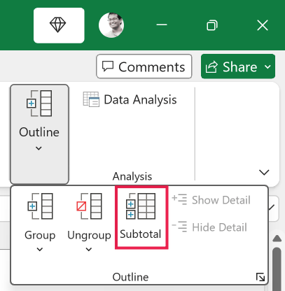 Excel ribbon showing the Outline dropdown menu with the Subtotal option highlighted in a red box