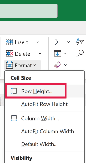 Excel Format menu with the Row Height option highlighted in a red box to adjust cell size and make rows visible