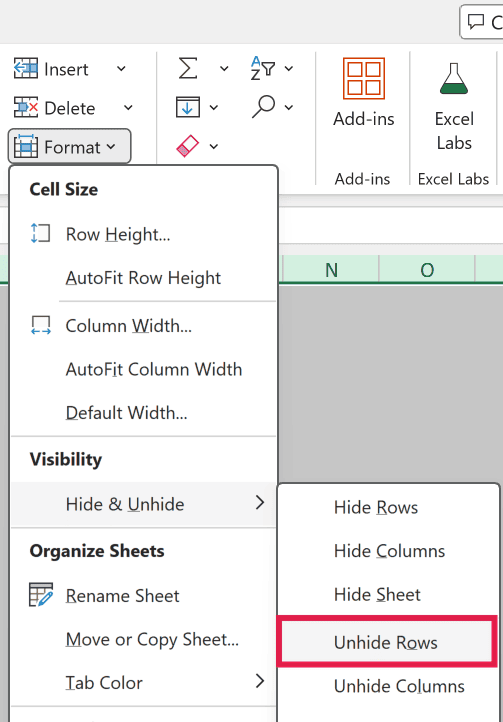 Excel Format menu showing the Hide & Unhide submenu with Unhide Rows highlighted in a red box
