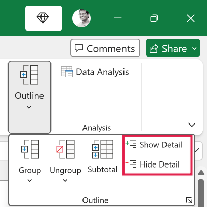 Excel ribbon menu with Outline group expanded, highlighting Show Detail and Hide Detail icons