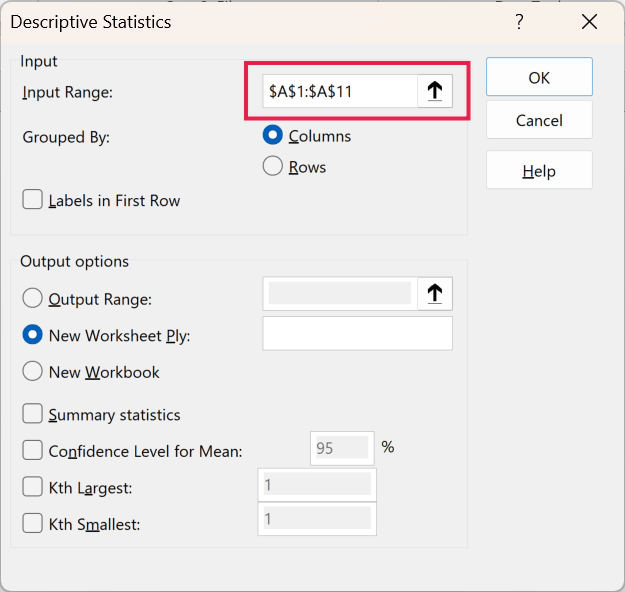 Descriptive Statistics dialog box with the Input Range field highlighted, showing the range $A$1:$A$11 including the header