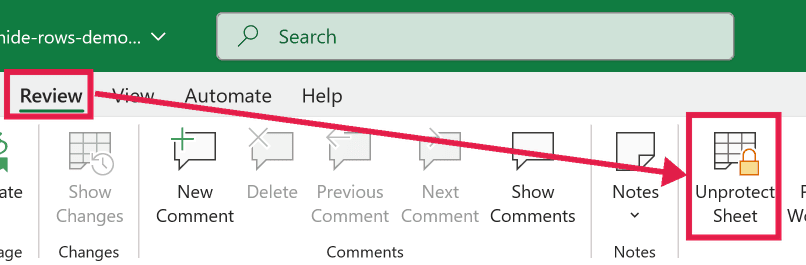 Excel Review tab with a red arrow pointing from the Review button to the Unprotect Sheet icon in the ribbon