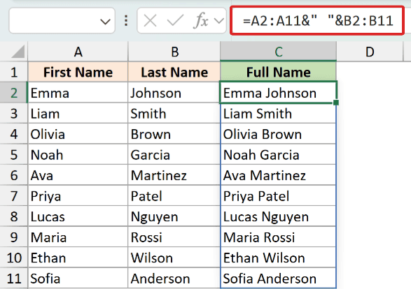 Excel formula bar showing a concatenate operation using an ampersand and a space to combine first and last name columns