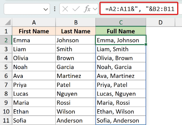 Excel formula bar showing ampersand and comma syntax to combine first and last name columns into a full name column