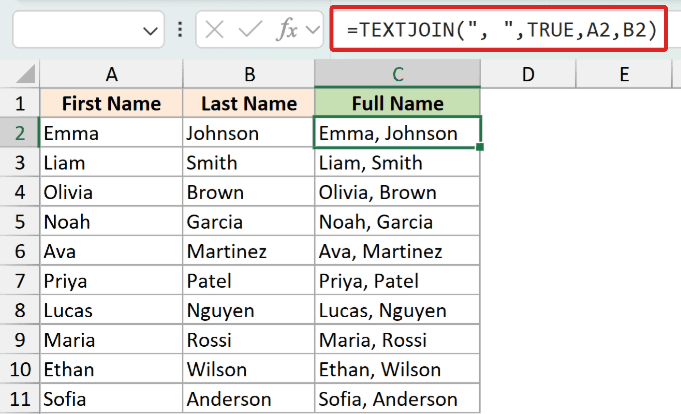 Excel formula bar showing TEXTJOIN with a comma delimiter to combine First Name and Last Name columns into Full Name