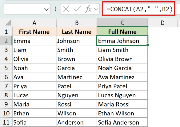 Excel formula bar showing CONCAT function with a space to combine First Name and Last Name columns into Full Name