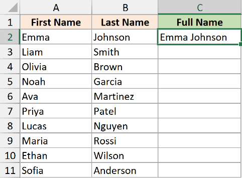 Excel spreadsheet showing Emma Johnson typed into the Full Name column to initiate Flash Fill for combined names