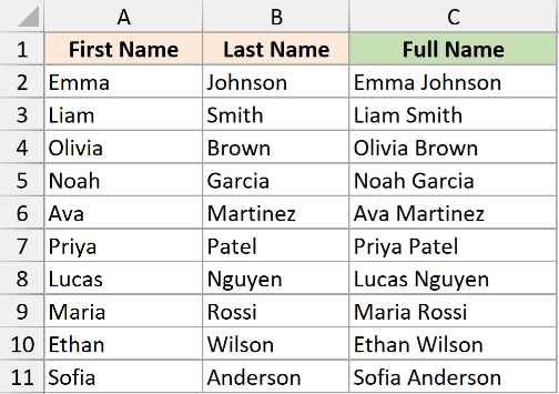 Excel spreadsheet showing Flash Fill results in column C, combining first and last names from columns A and B