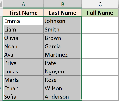 Excel spreadsheet showing First Name and Last Name columns selected for combining into a Full Name column