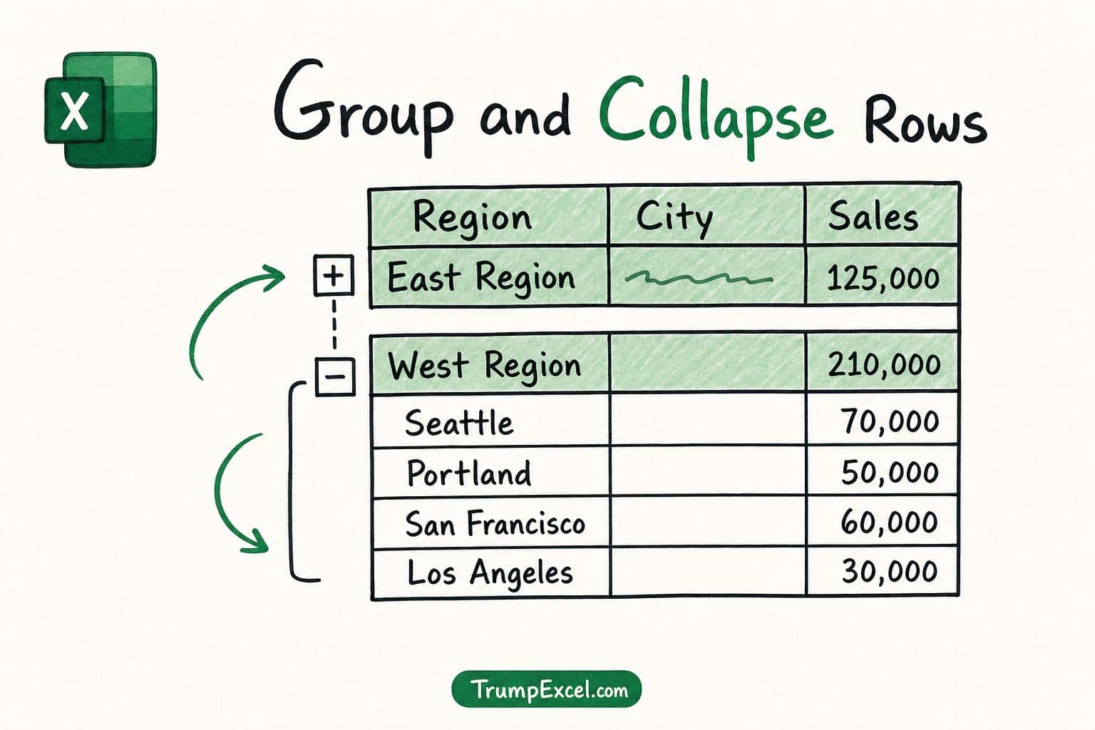 How to group and collapse rows in Excel