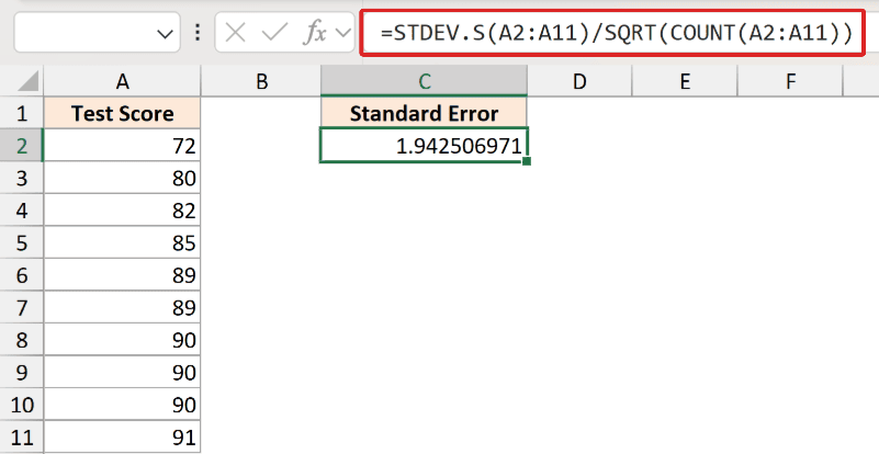 Excel formula =STDEV.S(A2:A11)/SQRT(COUNT(A2:A11)) calculating standard error for test scores in column A