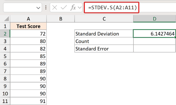 Excel formula bar showing STDEV.S(A2:A11) to calculate standard deviation for test scores in column A