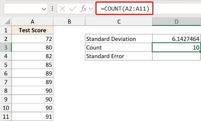 Excel formula bar showing =COUNT(A2:A11) to calculate the count of test scores in column A