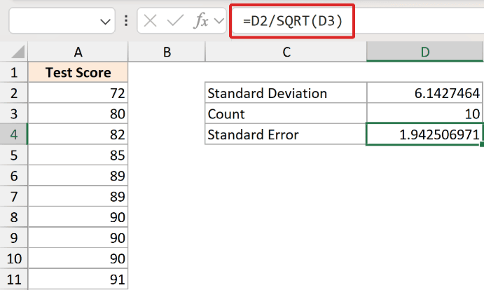 Excel formula =D2/SQRT(D3) calculating standard error using standard deviation and count in helper cells