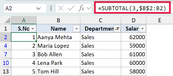 Excel formula bar showing SUBTOTAL(3,$B$2:B2) applied to a filtered table with non-consecutive row numbers
