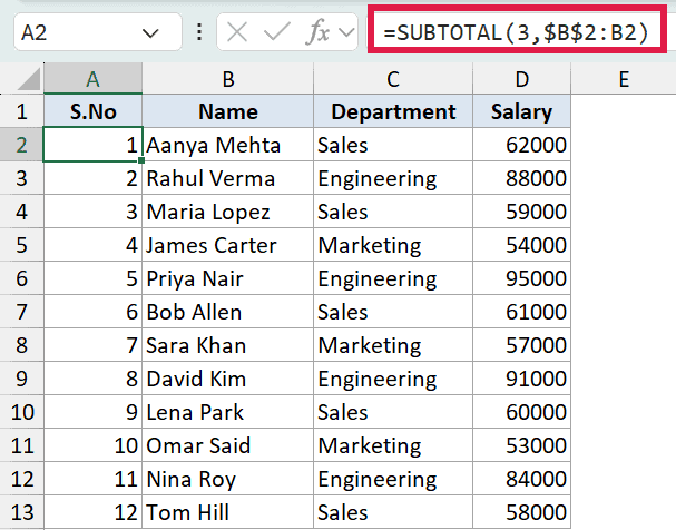 Excel formula bar showing SUBTOTAL function with serial number range $B$2:B2 for dynamic numbering in column A