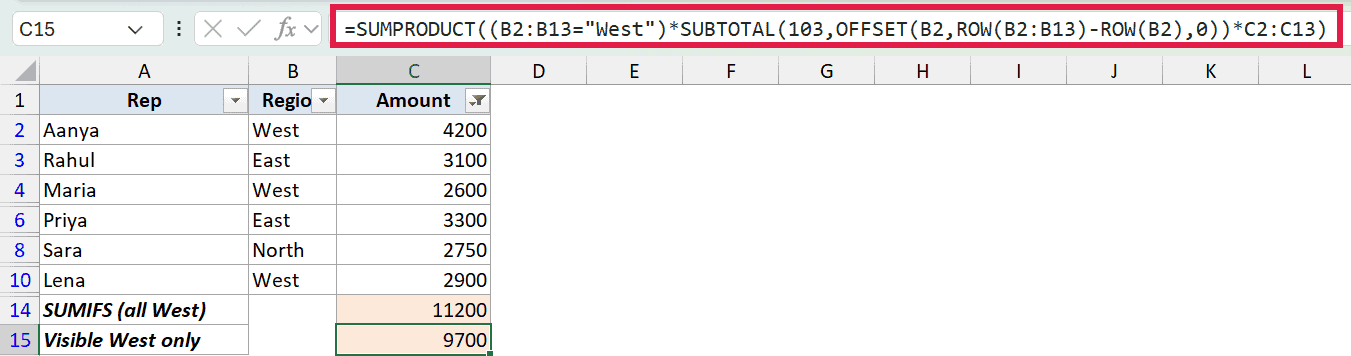 Excel formula bar showing SUMPRODUCT and SUBTOTAL functions applied to a filtered list of West region sales data