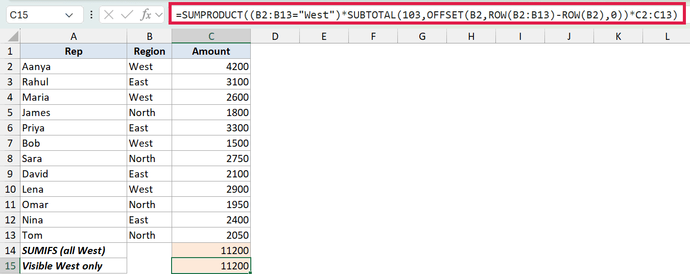 Excel formula bar showing SUMPRODUCT and SUBTOTAL to calculate sum of visible West region rows in a data table