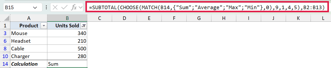 Excel formula bar highlighting a dynamic SUBTOTAL function using CHOOSE and MATCH to calculate filtered units sold