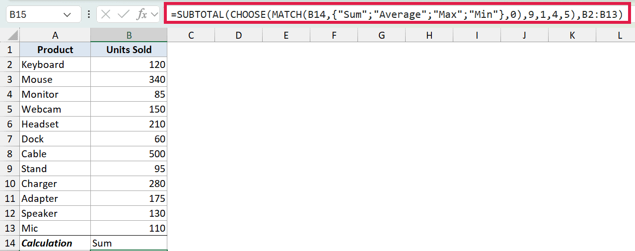 Excel formula bar showing a dynamic SUBTOTAL function using CHOOSE and MATCH to sum units sold in cells B2 through B13