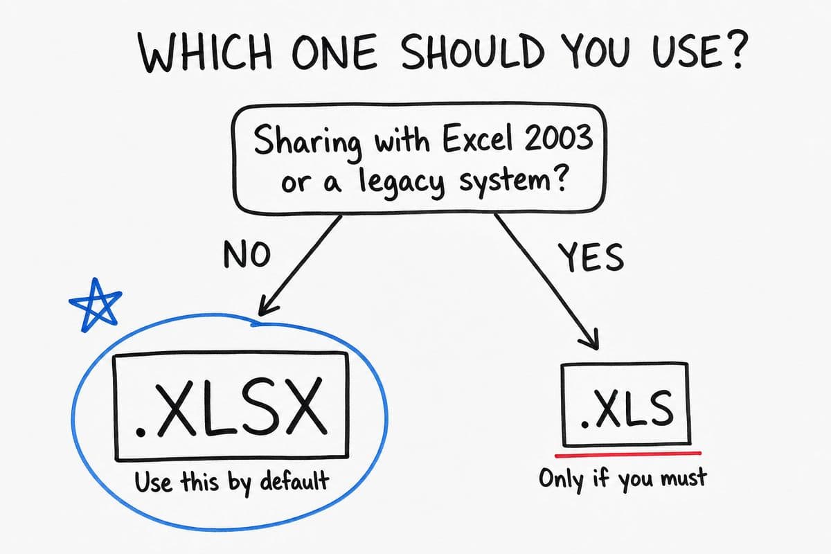 Decision chart showing to use .xlsx by default and .xls only for Excel 2003 or a legacy system