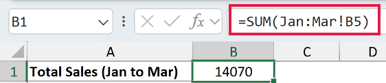 The finished 3D reference =SUM(Jan:Mar!B5) returning 14070, the total of B5 across all three monthly sheets.